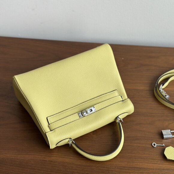 yellow  25 Leather Touch Bag w/ Silver HW Lock Key Satchel